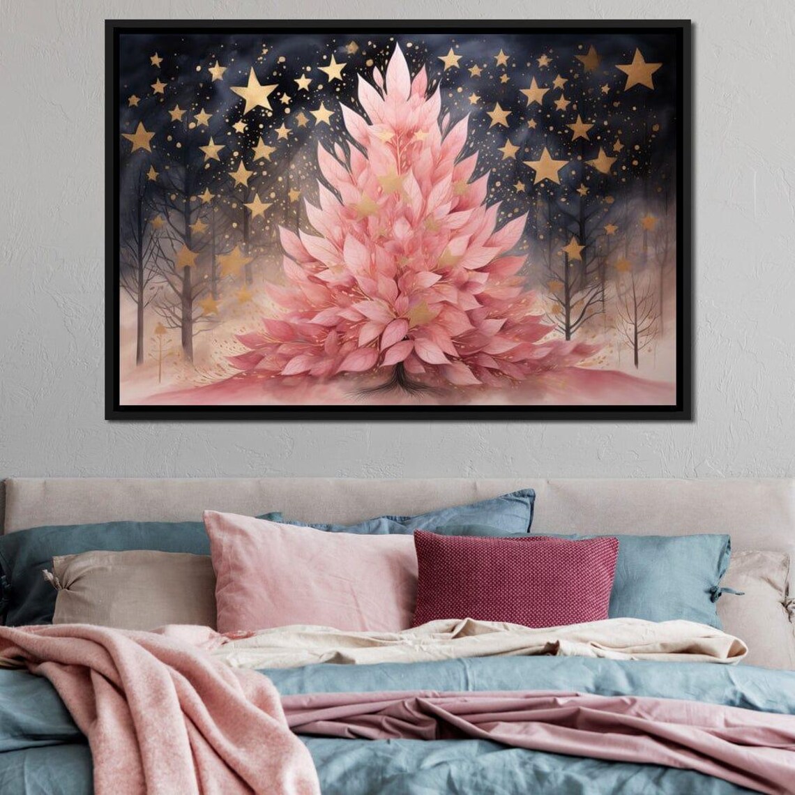 Pink Christmas Tree Gold Stars Night Botanical Holiday Wall Art - Image 2