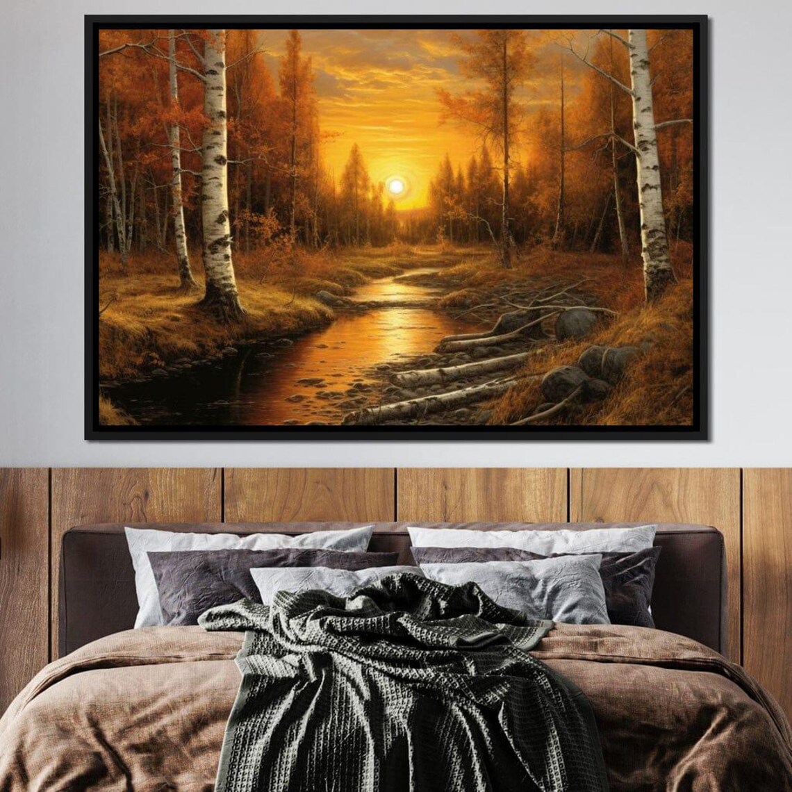 Silver Birch Forest Autumn Sunset Stream Golden Fall Travel Poster - Image 3