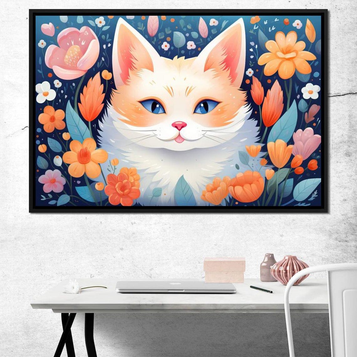 Adorable Kitten Among Orange Pink Flowers Dark Blue Pet Art Poster - Image 4
