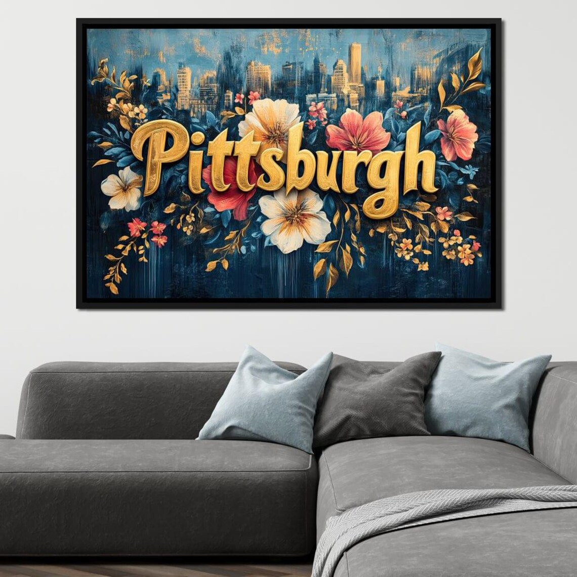 Pittsburgh Floral Gold Lettering Skyline Botanical Night Art Poster - Image 2