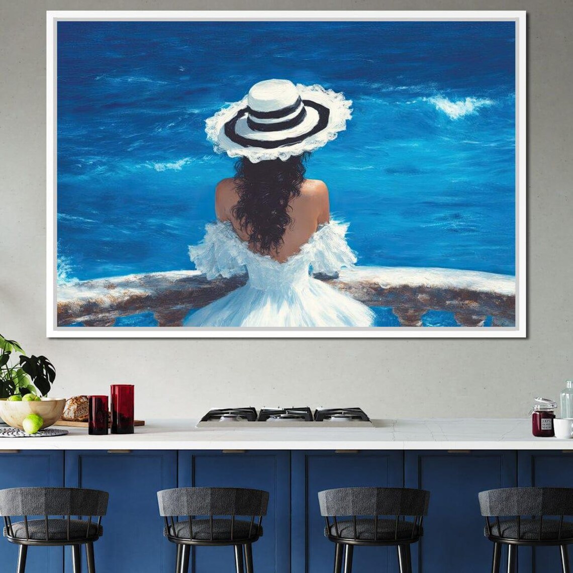 Woman In White Dress Watching Ocean Waves From A Balcony Poster - Image 4