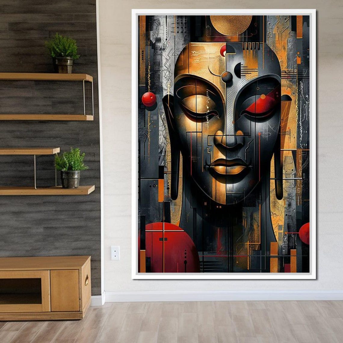 Geometric Buddha Face Abstract Gold Red Modern Spiritual Art - Image 2