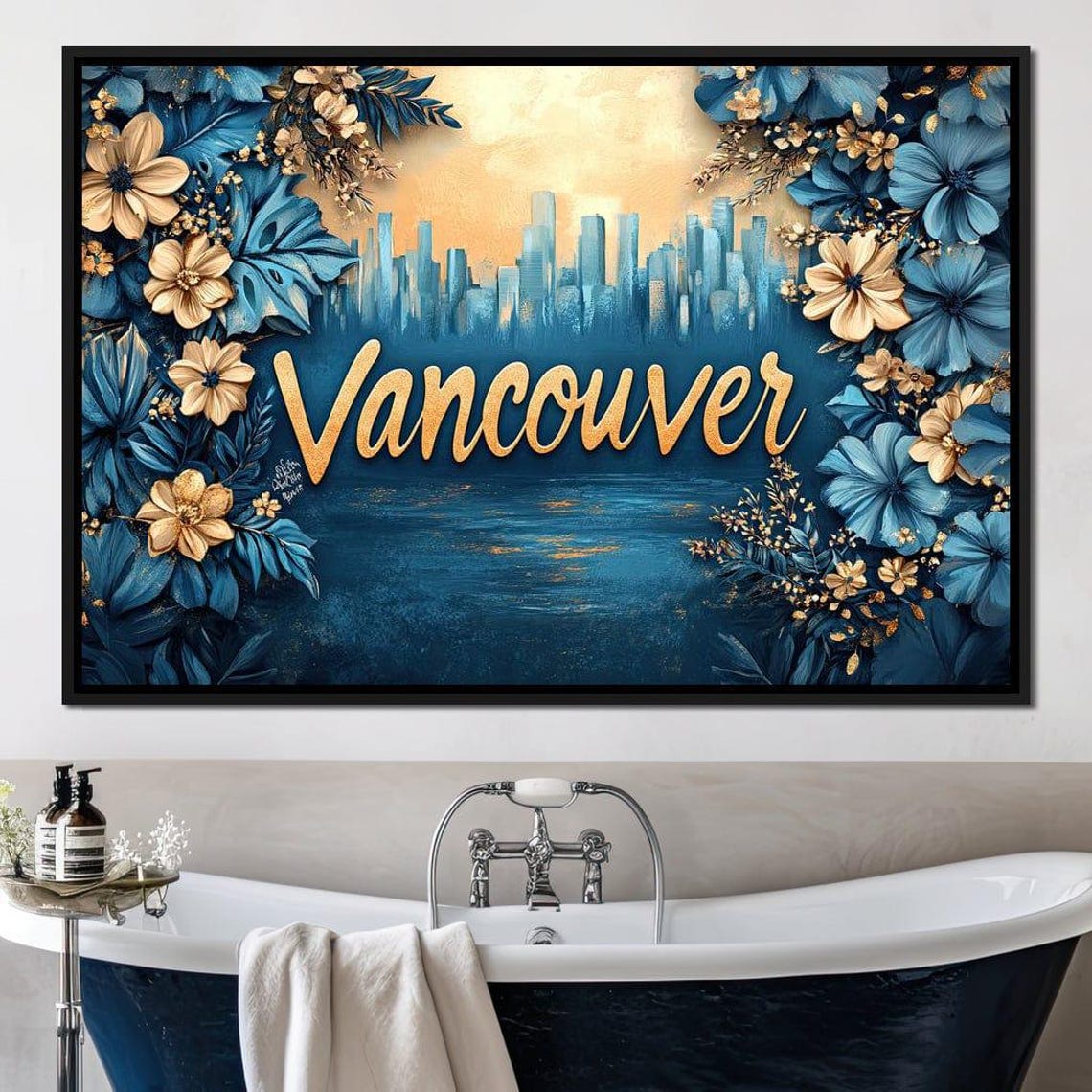 Vancouver Gold Script Blue Floral Cityscape Sunset Skyline Poster - Image 3