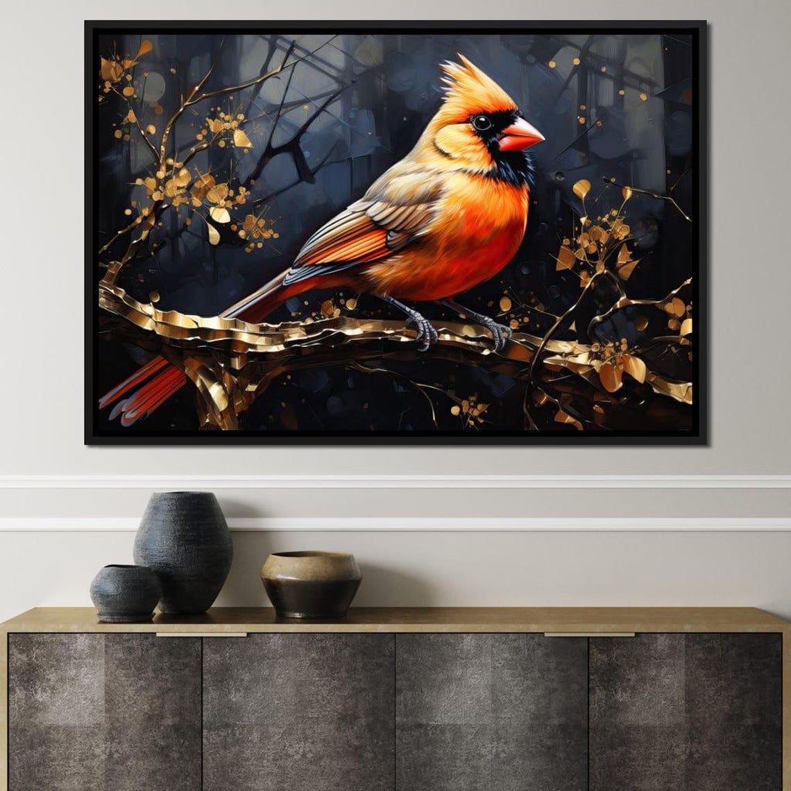 Gold Black Cardinal Perched Golden Branch Elegant Bird Poster - Image 2