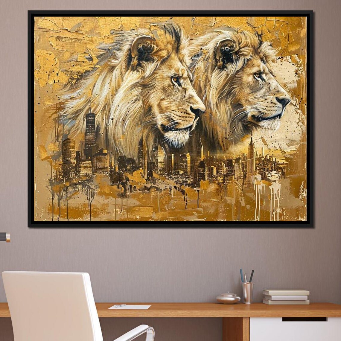 Golden Twin Lions Over City Skyline Majestic Regal Wildlife Urban Art Wall Poster
