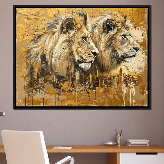 Golden Twin Lions Over City Skyline Majestic Regal Wildlife Urban Art Wall Poster