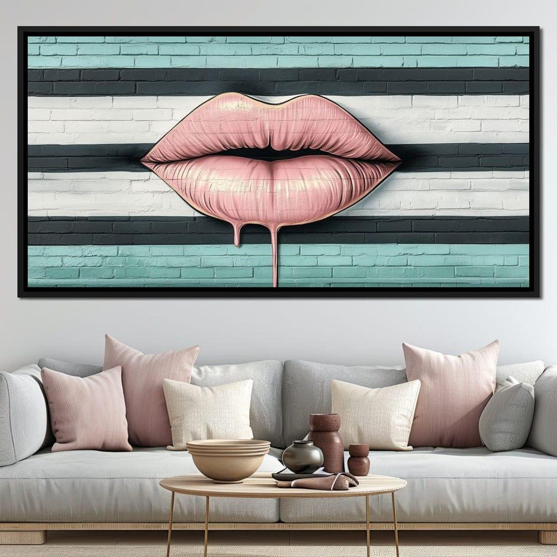 Pink Dripping Lips Pop Art On Teal Striped Brick Wall Modern Poster - Image 4