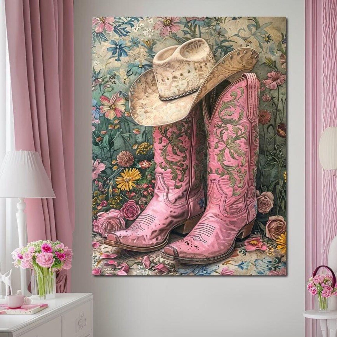 Pink Floral Cowboy Boots Hat Western Country Girl Rustic Chic Wall Art - Image 2