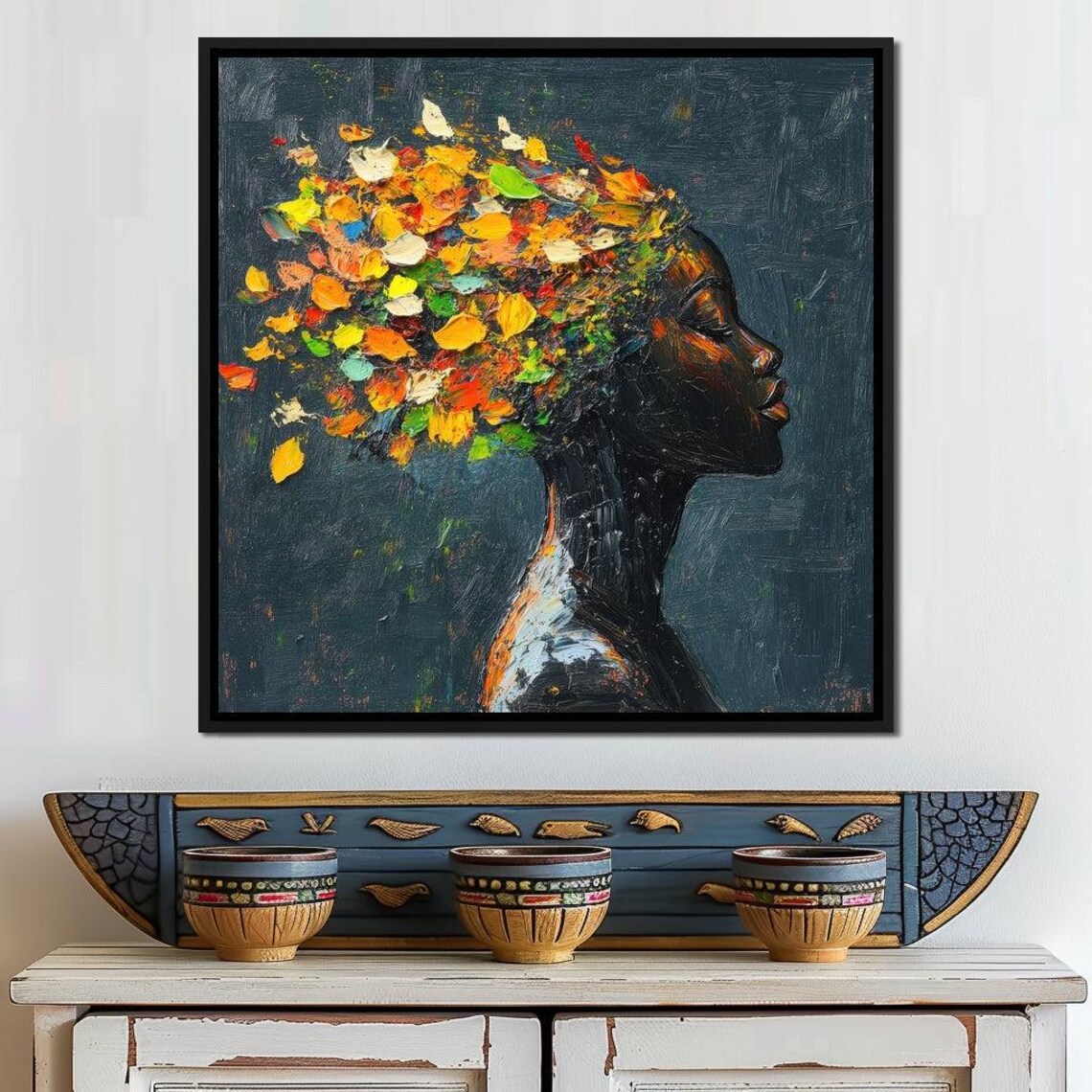 Elegant Woman With Golden Autumn Leaves Afro Impasto Portrait Poster