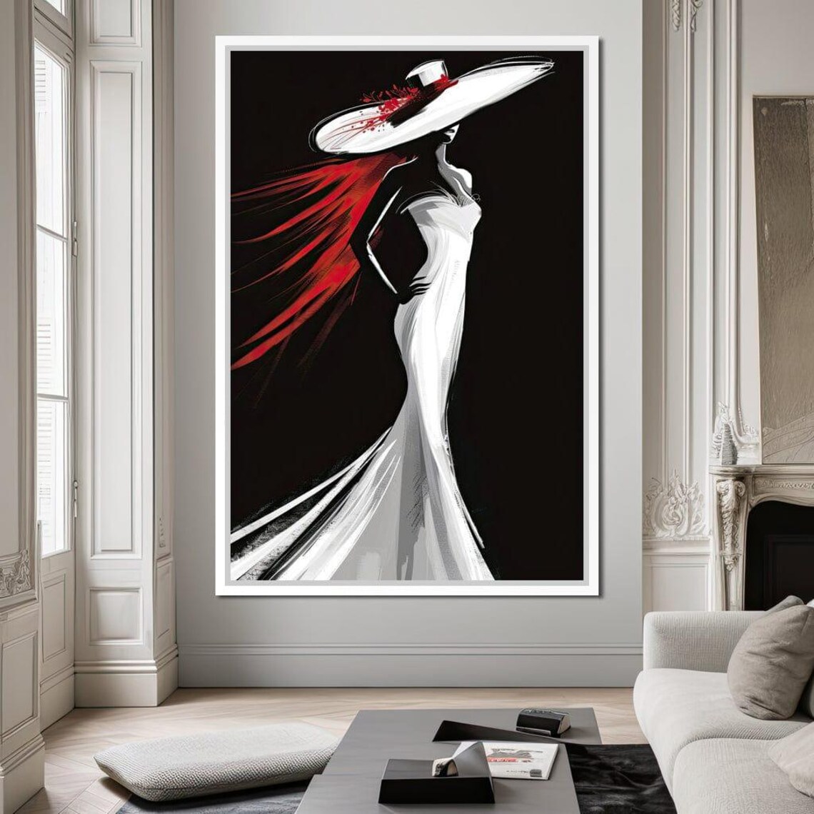 Fashion Woman White Gown Wide Hat Black Background Elegant Poster - Image 3