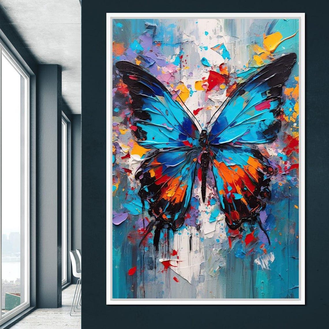 Blue Orange Abstract Butterfly Textured Oil Paint Bold Wall Art - Image 3