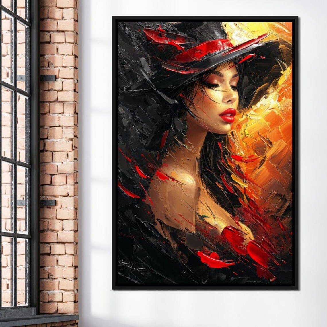 Fiery Elegance Woman Black Hat Red Orange Abstract Painting Poster