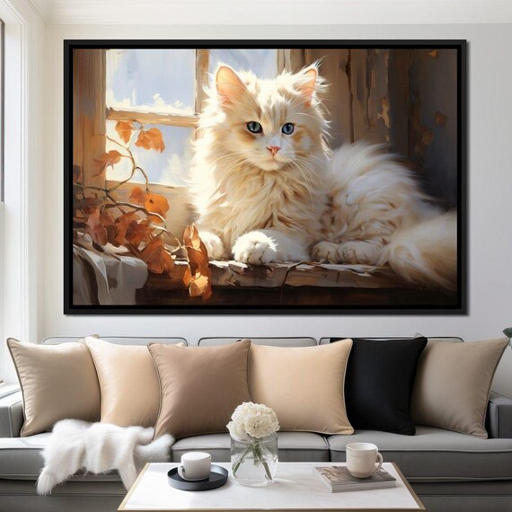 Fluffy Cream Cat Blue Eyes Autumn Sunlit Windowsill Cozy Art Print