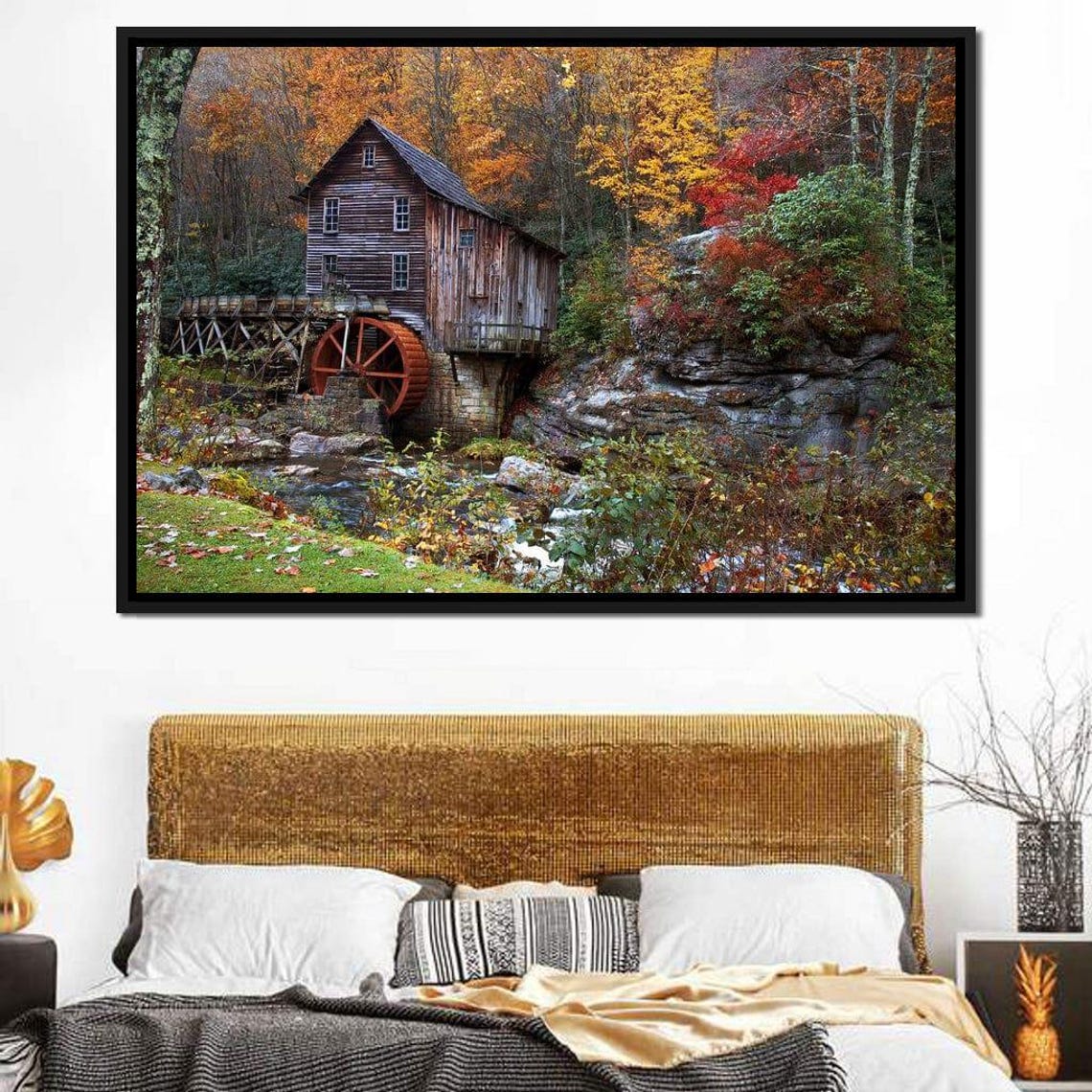 Autumn Grist Mill Red Water Wheel Fall Forest Nature Scene Poster