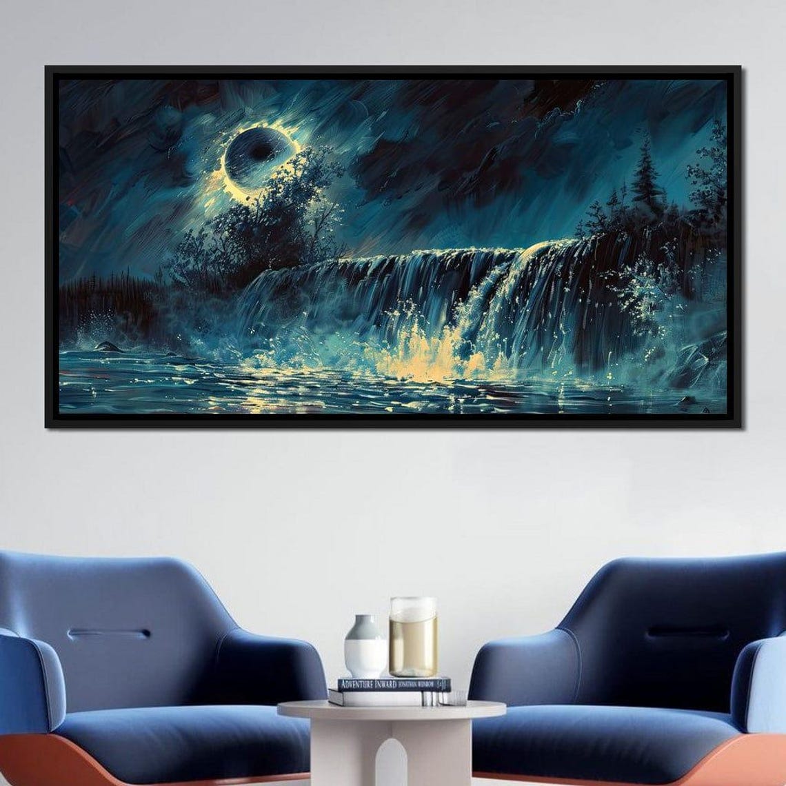 Lunar Cascade Turquoise Waterfall Art Nightscape Mystical Landscape Dreamy Nature Decor Fluid Lunar Scene By Nichecanvas - Image 2
