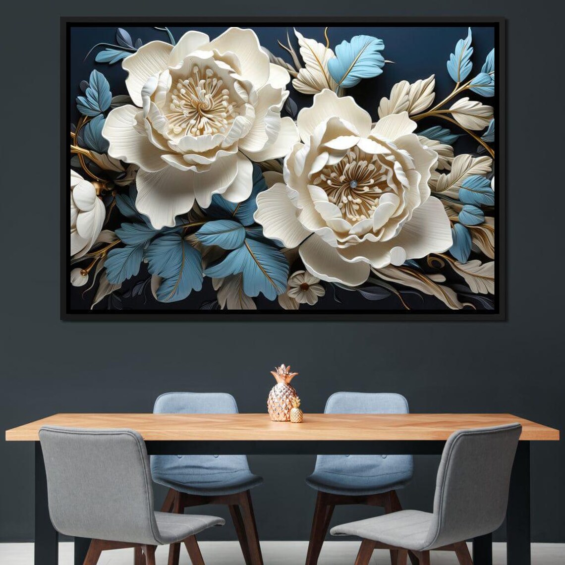 White 3D Peony Paper Flowers Blue Gold Leaves Dark Floral Wall Art