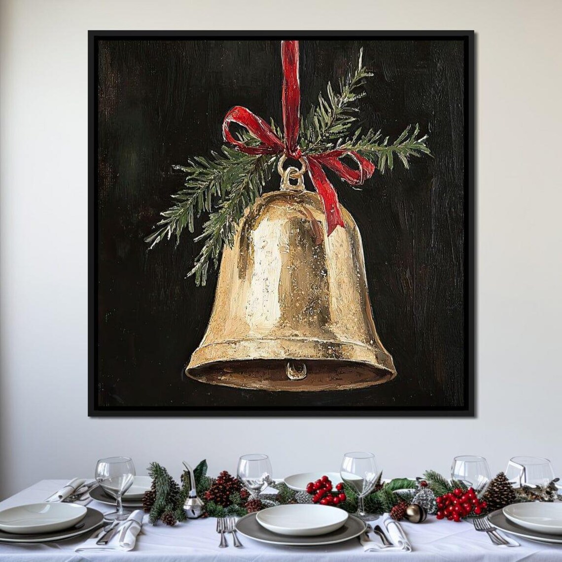Golden Christmas Bell With Red Ribbon Pine Branch Black Poster - Image 4