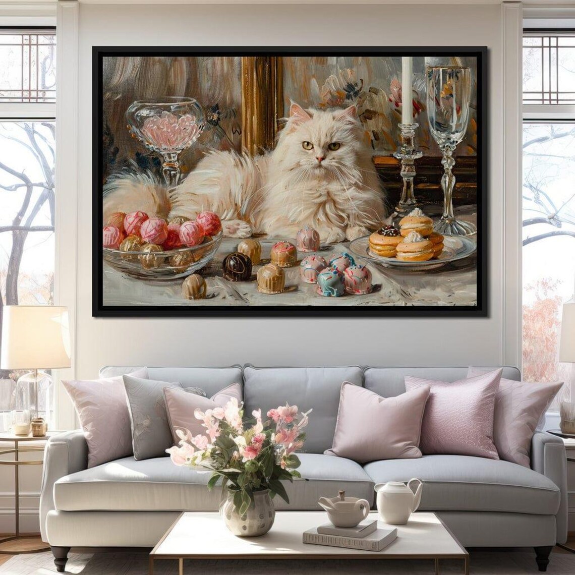 White Fluffy Cat On Dessert Table With Truffles Pastel Still Art Poster
