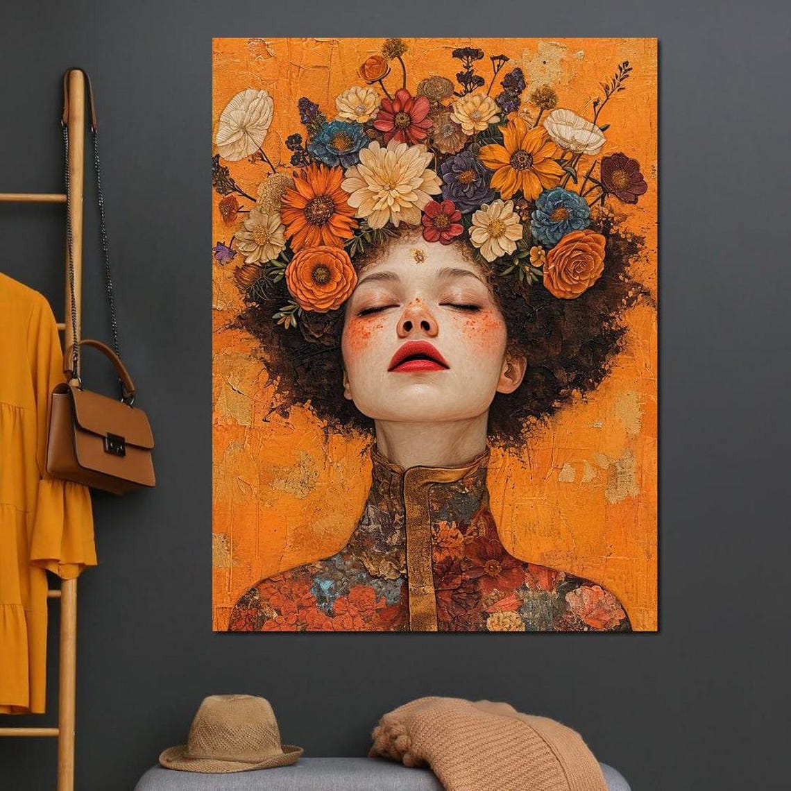Autumn Wildflower Crown Woman Closed Eyes Boho Floral Art Print - Image 3