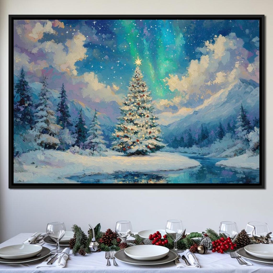 Aurora Over Snowy Christmas Tree Winter River Night Scene Poster - Image 4