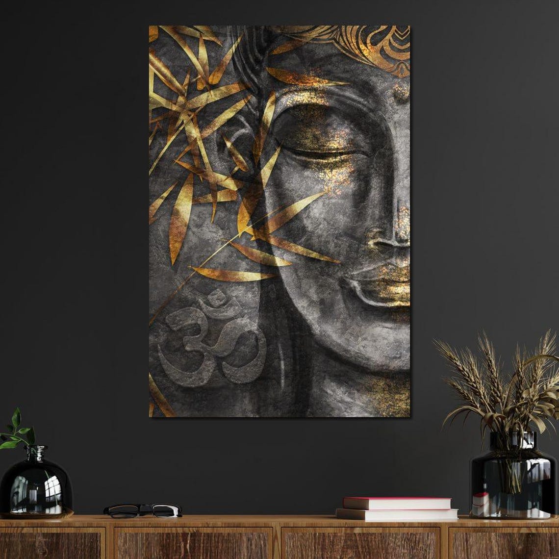 Gold Grey Buddha Face Om Symbol Bamboo Zen Meditative Wall Art - Image 4