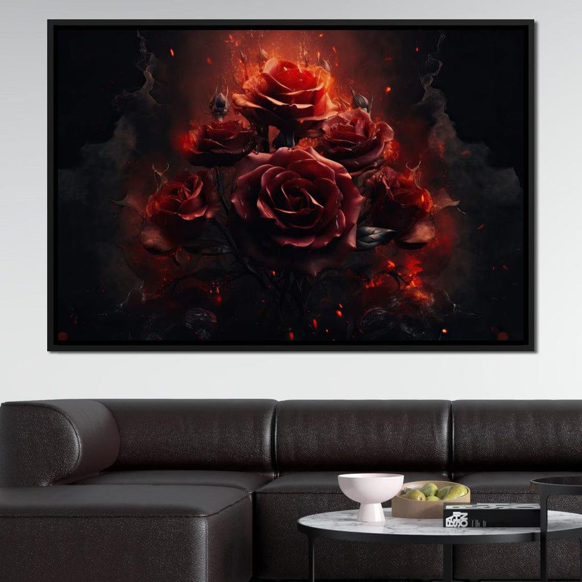 Fiery Red Roses Ember Glow Dark Moody Floral Wall Art Poster