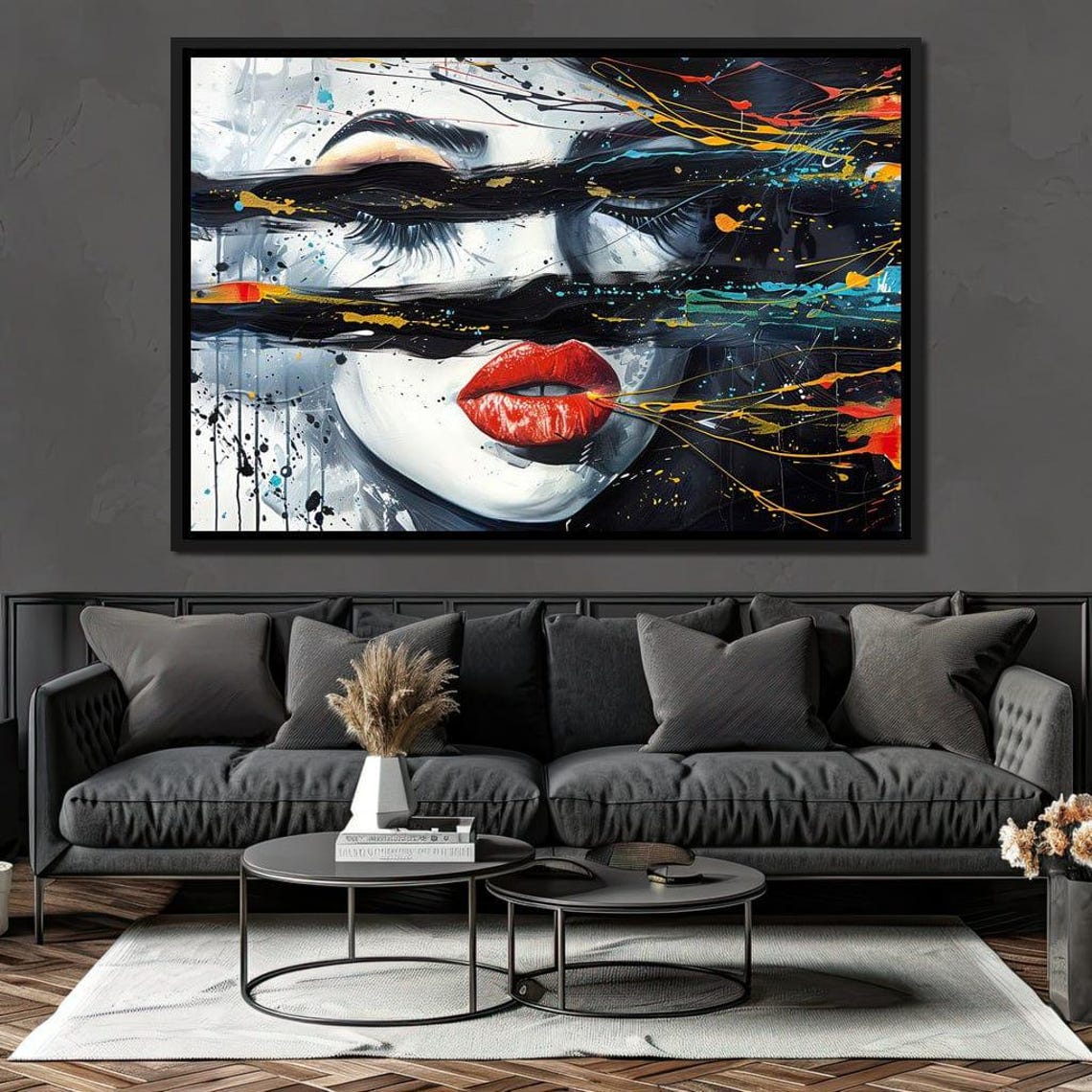 Urban Siren Abstract Face Bold Red Lips Gray Splatter Graffiti Poster - Image 2