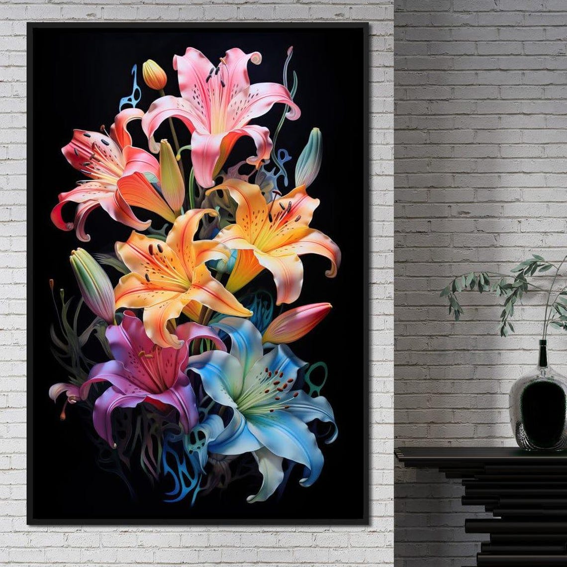 Colorful Rainbow Lilies Bouquet Black Background Vibrant Floral Poster