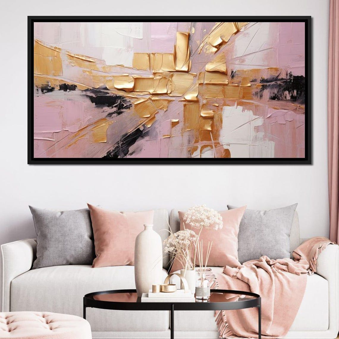 Blush Pink Gold Abstract 5 Panel Canvas Textured Brushstroke Wall Art - Image 4