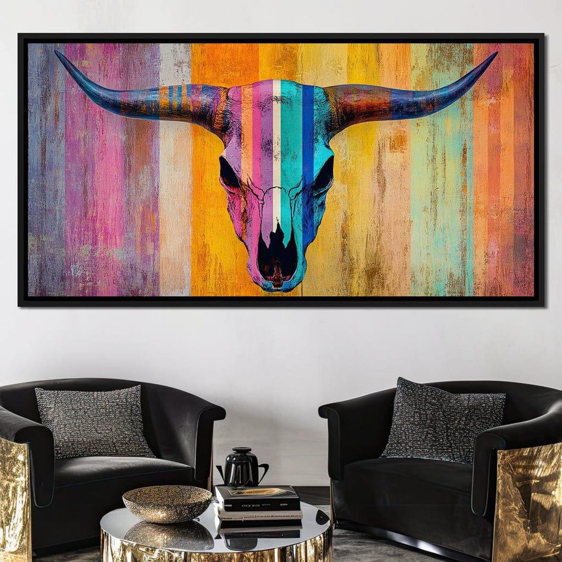 Colorful Longhorn Skull Striped Desert Western Rustic Art Print - Image 2