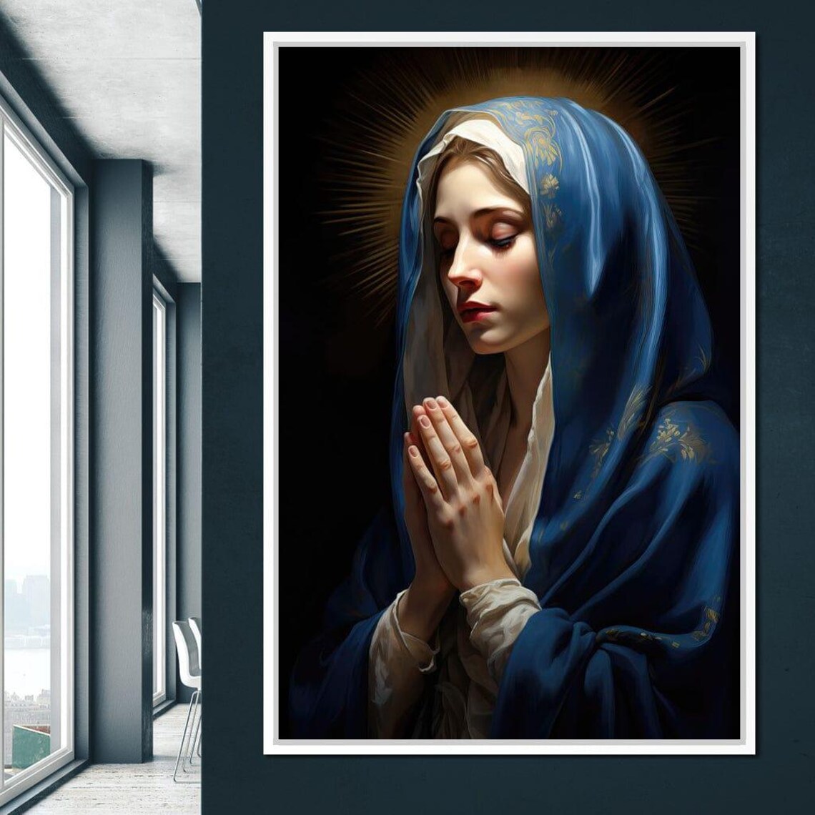 Virgin Mary Praying Blue Veil Halo Ethereal Religious Devotional Art Poster - Image 2