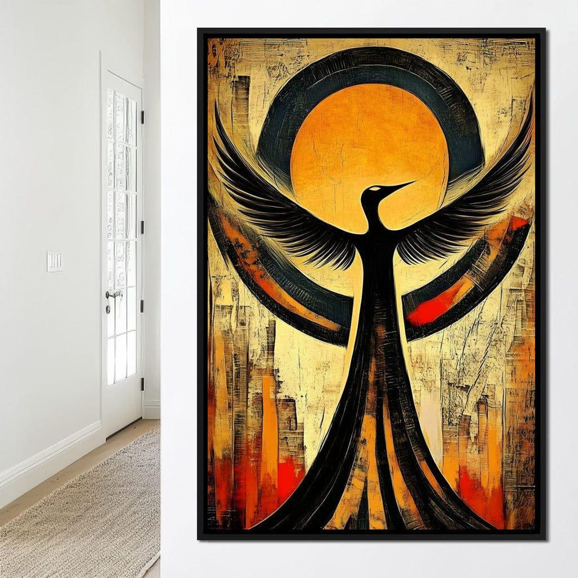 Black Phoenix With Wings Spread Before A Golden Sun Circle Wall Art - Image 4