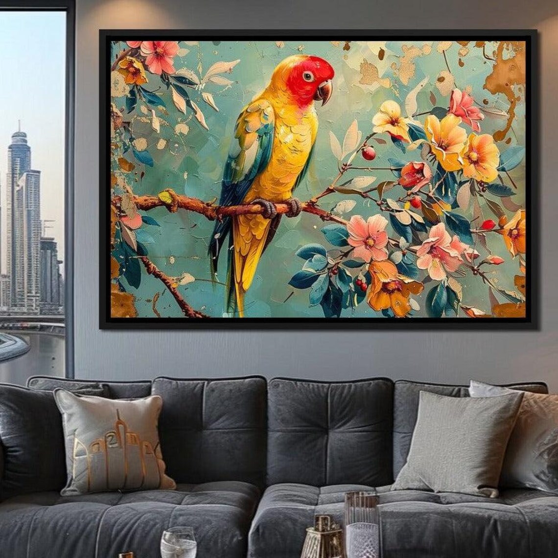 Vibrant Sun Conure Parrot Blossom Branch Floral Bird Wall Art Poster - Image 3