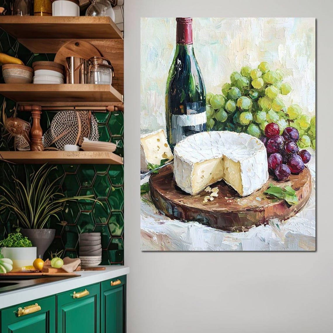 Wine Bottle Brie Cheese And Fresh Grapes Rustic Still Life Poster - Image 2