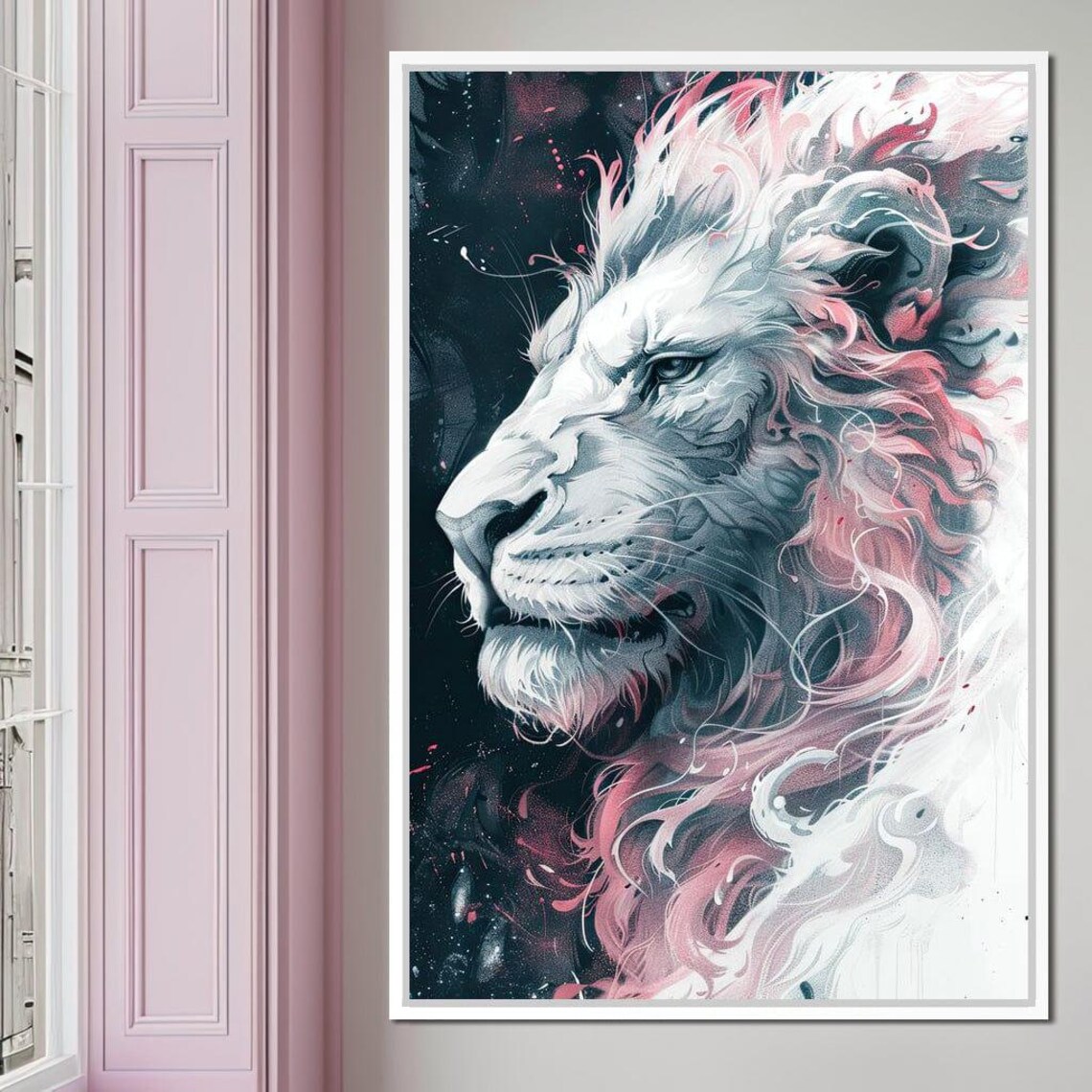 Ethereal White Lion Flowing Pink Mane Dark Fantasy Animal Art Poster - Image 4
