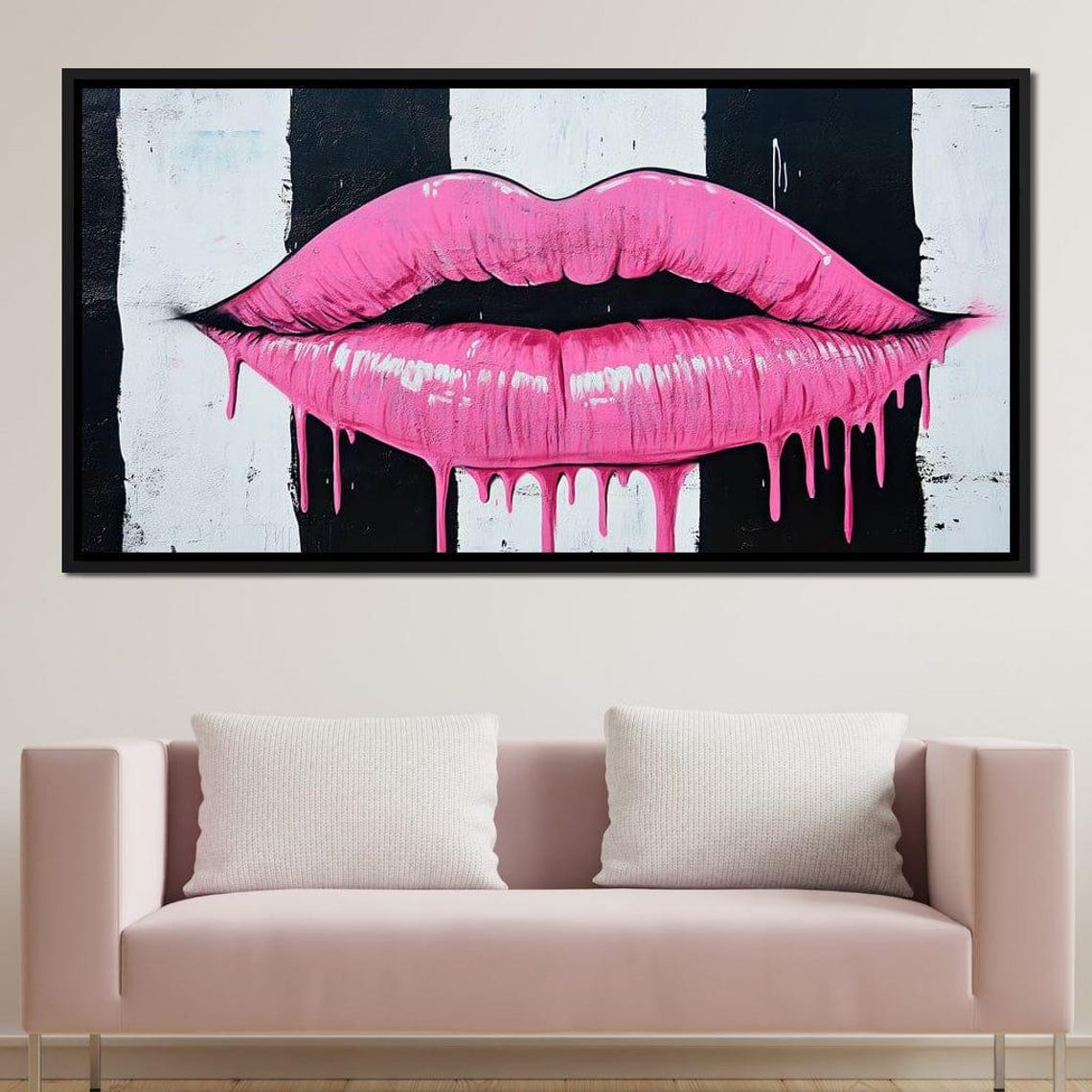 Vibrant Dripping Lips On Stripes Pop Art Decor Bold Pink Home Decor Contemporary Artistic Wall Art By Nichecanvas - Image 3