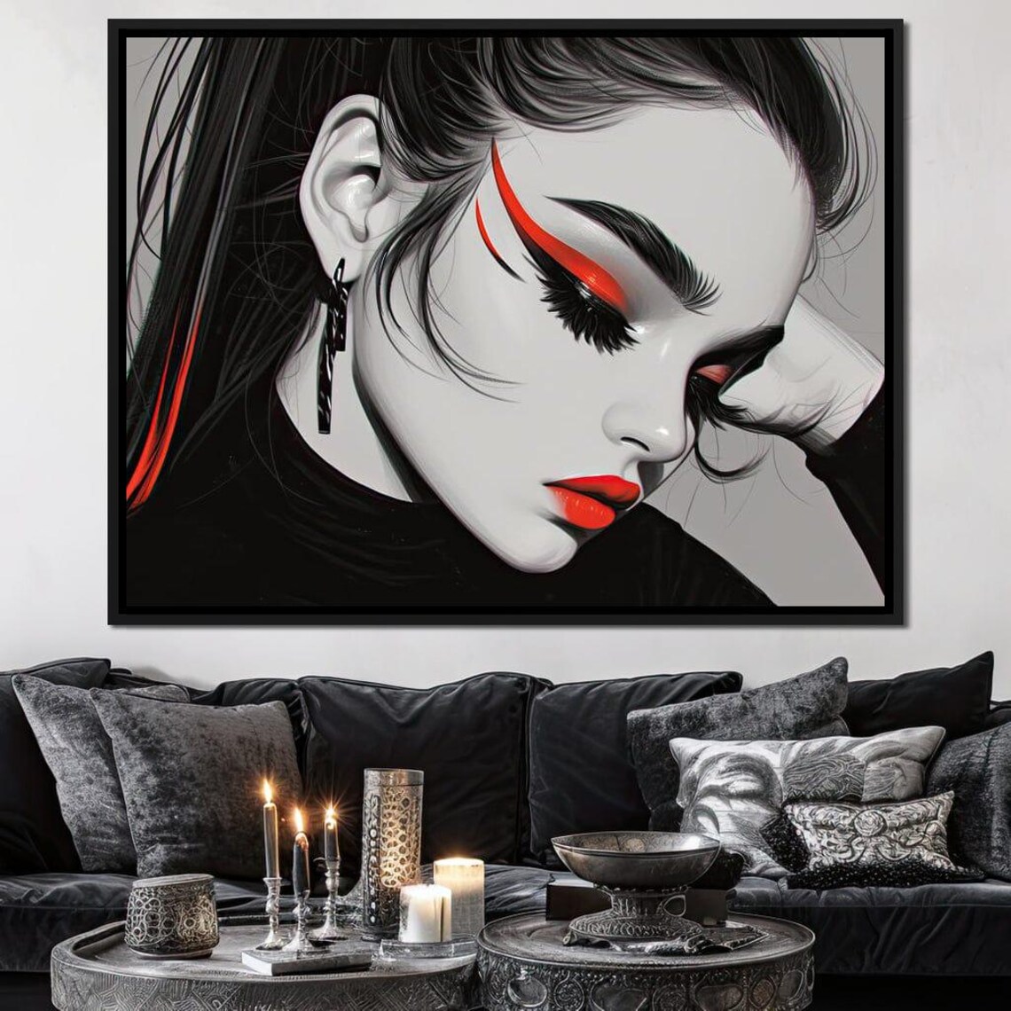 Japanese Geisha Style Woman Red Black Graphic Portrait Wall Art Print