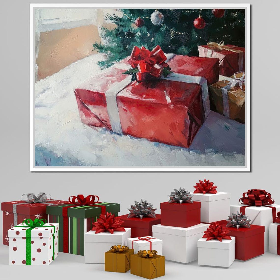 Red Christmas Gifts Under Decorated Tree Festive Holiday Art Poster - Image 3