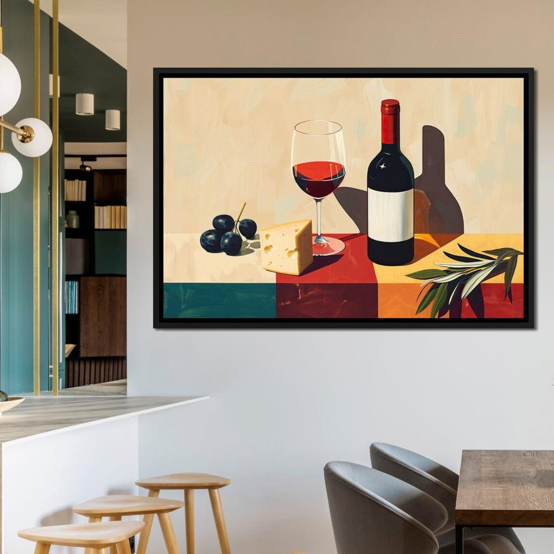 Red Wine Bottle Glass Cheese Figs Modern Still Life Kitchen Wall Art Print - Image 2