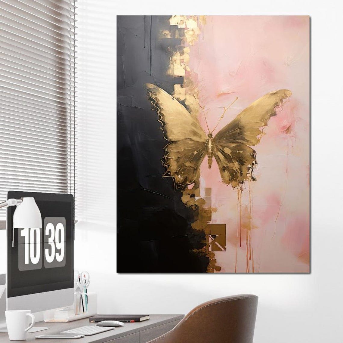 Golden Butterfly Abstract Art Black Pink Elegant Nature Wall Print - Image 2
