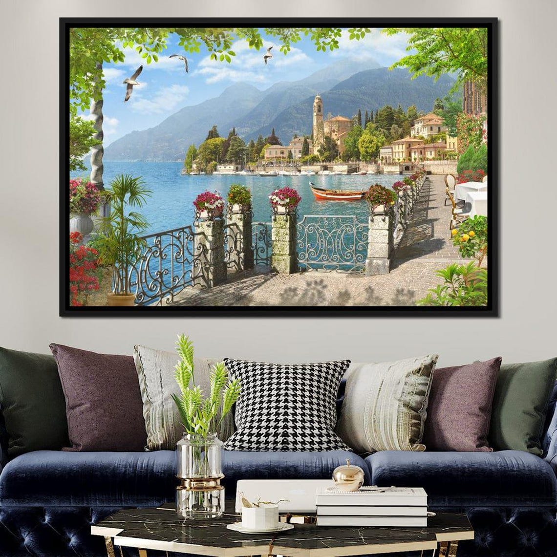 Italian Lake Promenade Villas Mountains Serene Coastal View Poster - Image 4