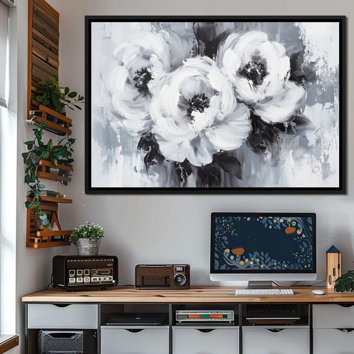 Monochrome White Flowers Abstract Black And White Botanical Art Print - Image 3