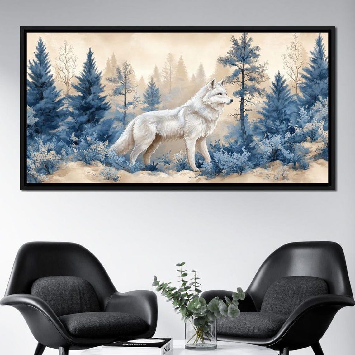 White Wolf Blue Forest Winter Wonderland Pine Trees Wildlife Art Print - Image 2