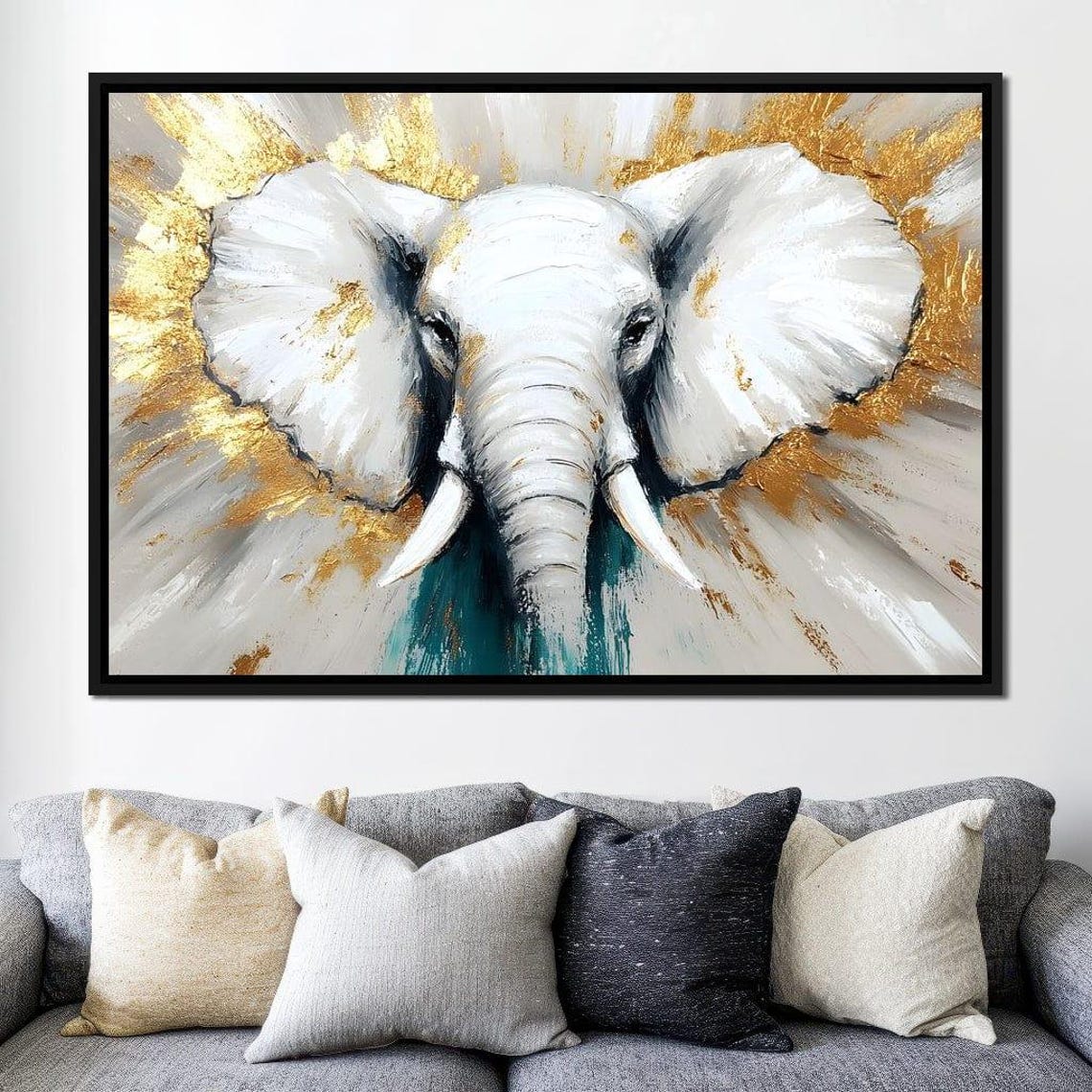 White Elephant Head with Golden Radiance and Teal Accents Poster - Image 3