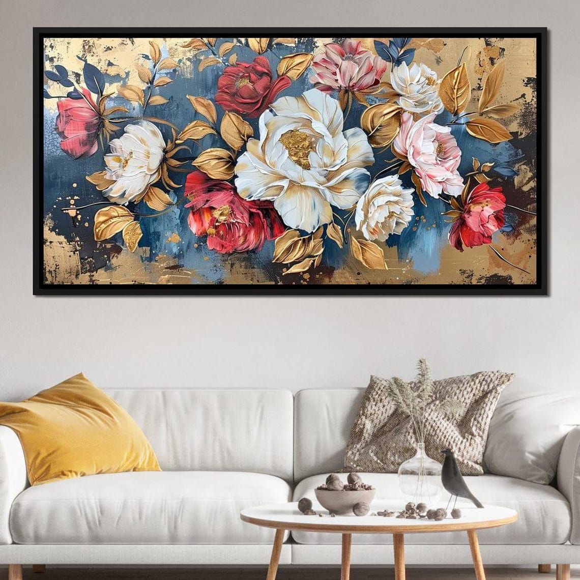 Red White Pink Peonies Gold Leaves On Blue Panoramic Wall Art Poster - Image 2