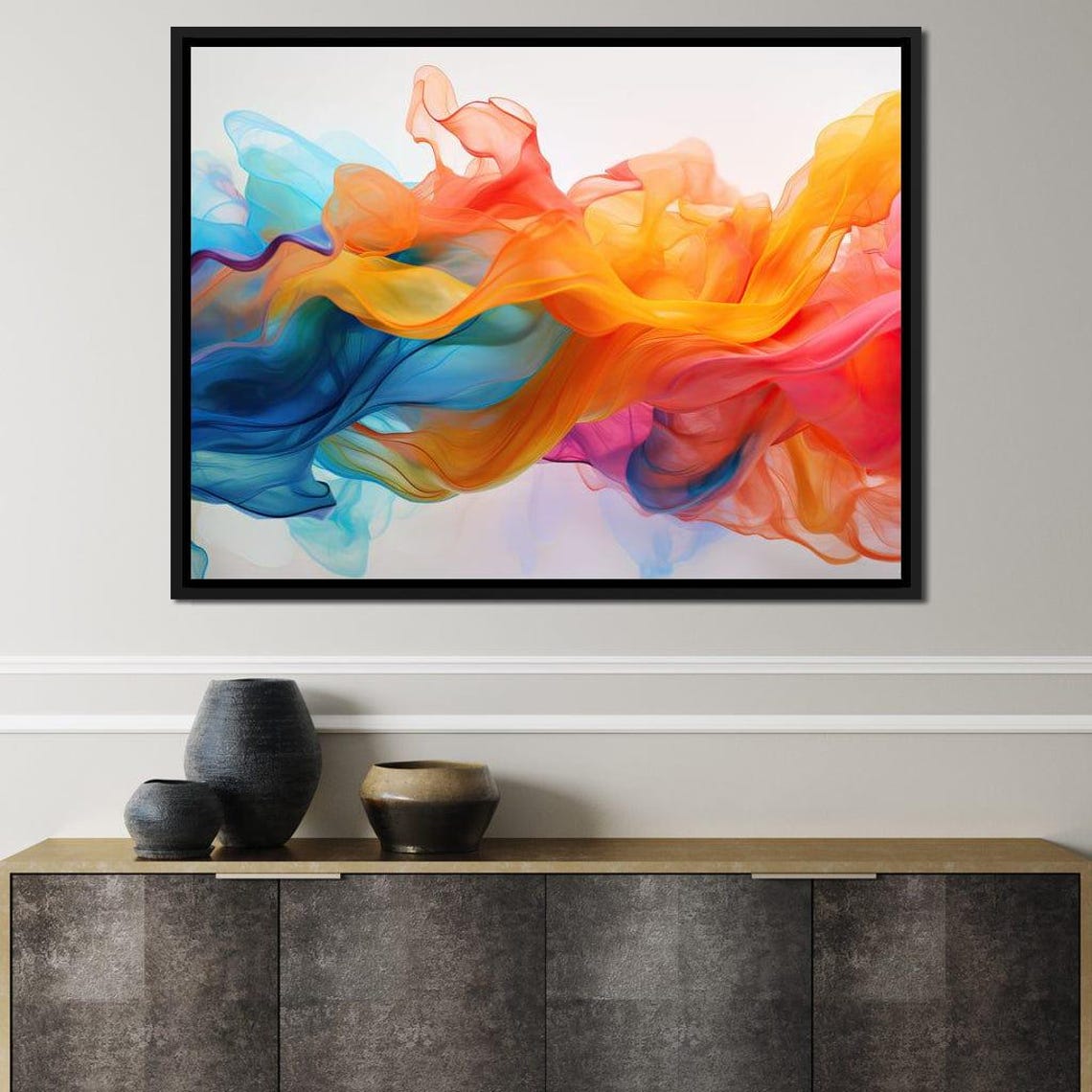 Orange Blue Pink Silk Smoke Waves Five Panel Abstract Wall Art - Image 2