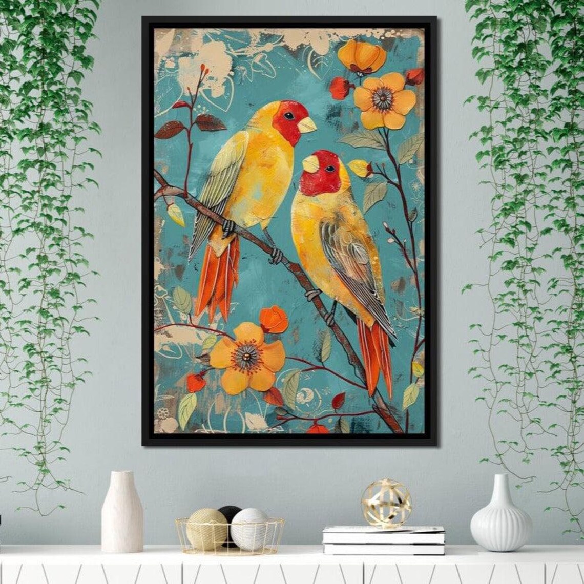 Colorful Red Headed Parrots Pair Teal Floral Bird Art Wall Poster