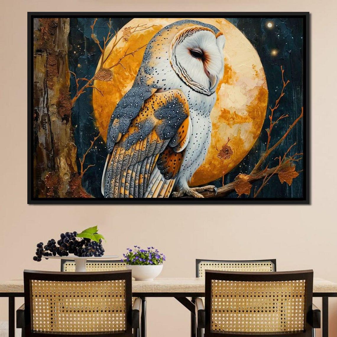 Barn Owl Perched Under Golden Moon Starry Night Wildlife Art Poster