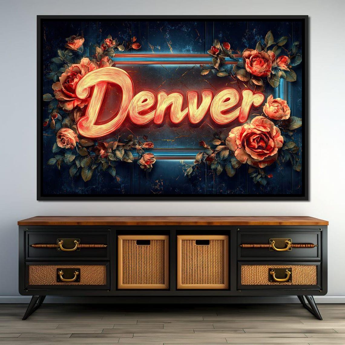 Denver Neon Sign Red Roses Floral Script Typography Wall Art