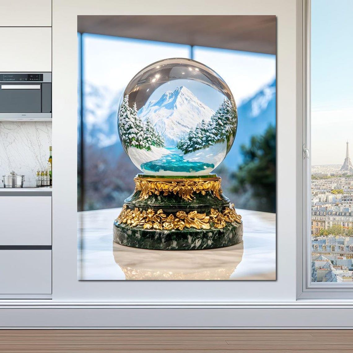 Snow Globe With Snowy Mountain Village And Golden Base Poster - Image 3